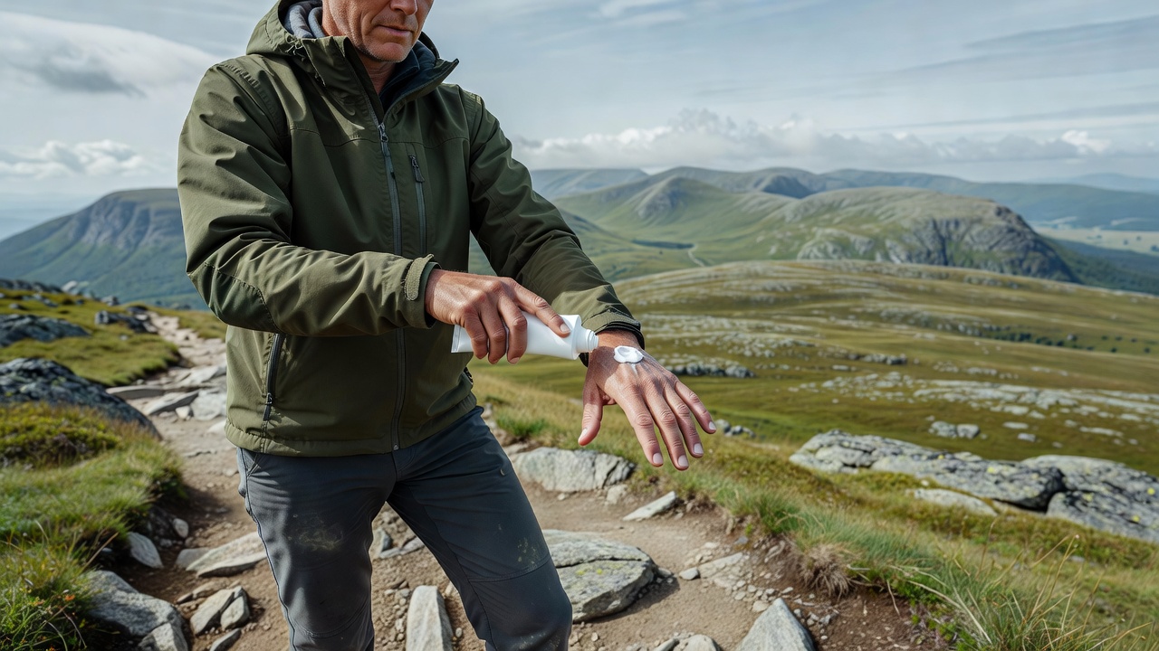 Adult applying sunscreen to the back of their hand before walking an open Norwegian mountain trail