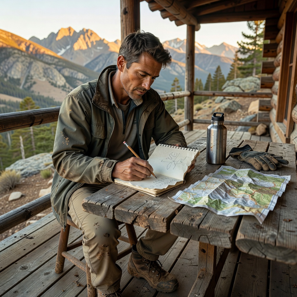 Adult writing a short note at an outdoor cabin table after a mountain hike