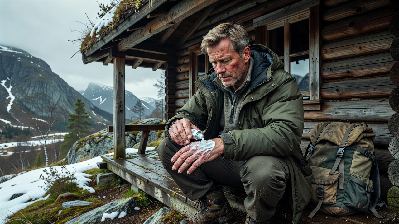 Walker applying moisturiser to dry hands while sheltered outside a Scandinavian mountain cabin
