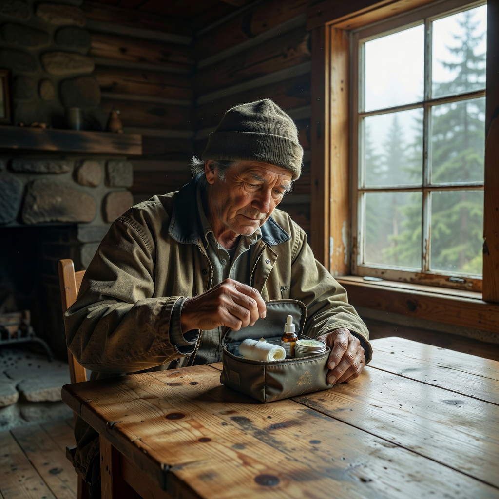 Walker checking a small outdoor care pouch at a cabin table beside a window