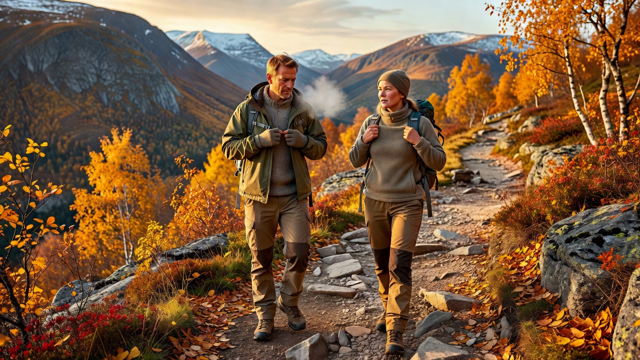 Two adult walkers adjusting their layers beside a Scandinavian mountain trail in autumn light